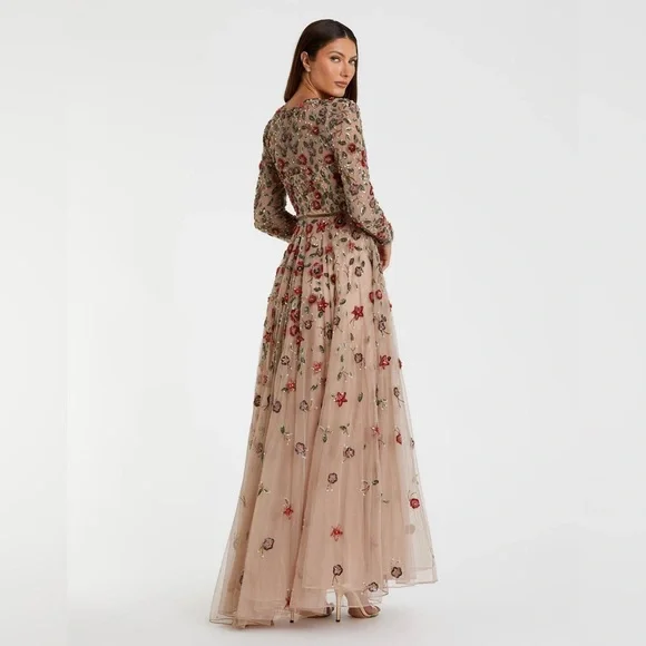 NWT $698 MAC DUGGAL Beige Embellished High Neck Long Sleeve A Line Gown DRESS - Picture 3 of 8